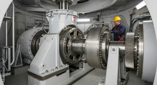 Technician performs maintenance inside the housing of a large industrial machine featuring massive metal gears