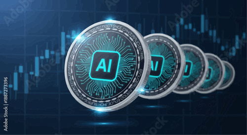 Glowing ai coins with circuit patterns on dark blue background with graphs