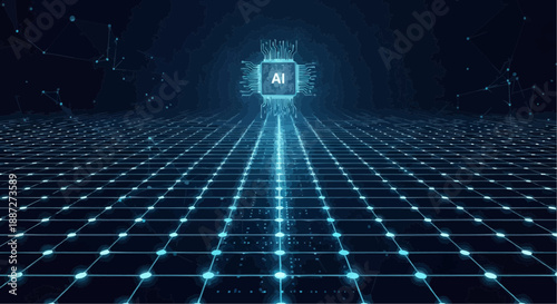 Glowing ai neural network tunnel with grid pattern and futuristic