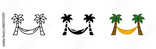 Tropical hammock between palm trees icon set in flat vector style. Summer beach vacation symbol for travel, resort, tourism, relaxation, web and mobile design.