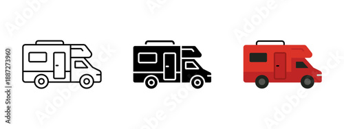 Camper van and motorhome vector icon set in outline and solid styles. RV travel and camping vehicle symbols for tourism, vacation, road trip and outdoor adventure projects.