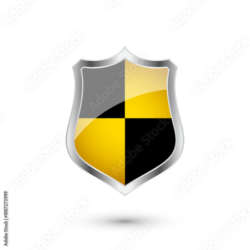 Glossy shield with yellow and black pattern. Security and protection concept. Cyber safety icons, internet privacy, web defense, digital data protection and antivirus themes. Vector illustration