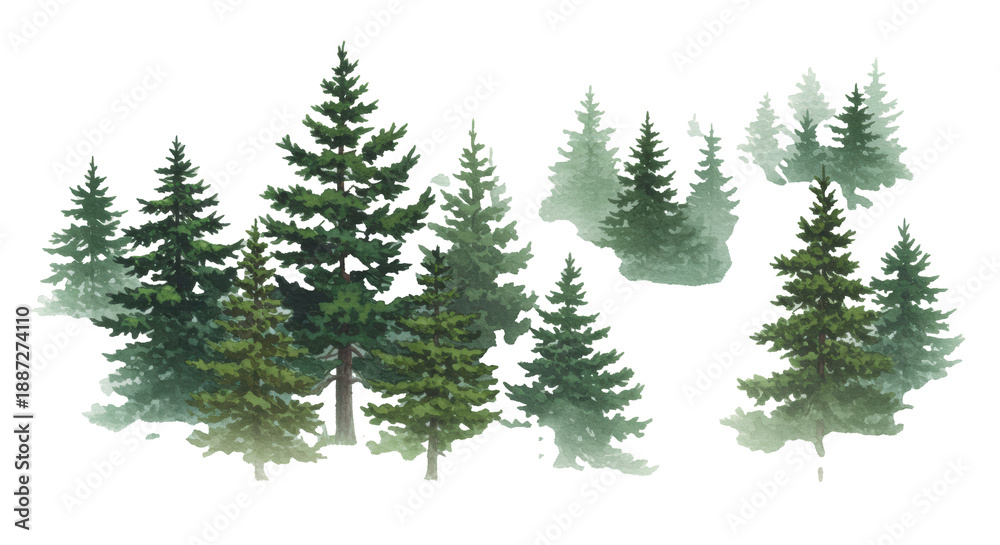 Fototapeta premium Watercolor of a dense coniferous forest with evergreen pines shrouded in thick swirling fog, soft white background and atmospheric perspective, serene mystical landscape atmosphere