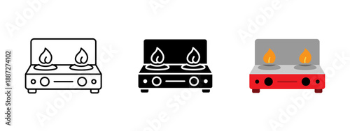 Double burner gas stove icon set in outline, solid and color styles. Minimal vector symbols for cooking, kitchen appliance, gas burner and flame. Ideal for UI, apps and household design.