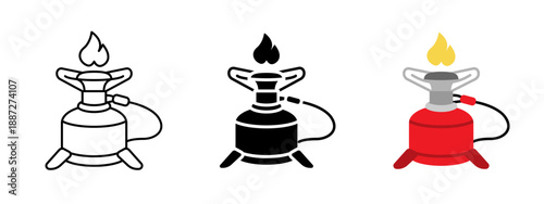 Portable camping gas burner icon set in outline, solid and color styles. Minimal vector symbols for outdoor cooking, hiking, travel and survival equipment. Perfect for UI, apps and tourism design.