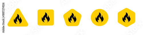 Flat vector set of fire warning icons with flame symbols in different geometric shapes. Yellow hazard signs for safety, flammable materials, industrial use, UI design and commercial projects.