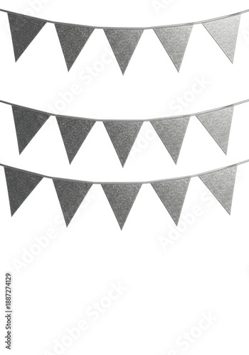 Three rows of shimmering textured silver triangular bunting flags, reflecting light on a transparent studio background with copy space, elegant celebration atmosphere