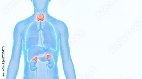 3D anatomical render of human endocrine system showing thyroid and adrenal glands