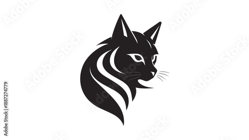A modern, artistic graphic of a cat's head in profile using flowing black lines and negative space.