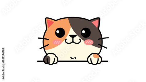A cute illustration of a calico cat peeking over a ledge with big, curious eyes and pink cheeks.