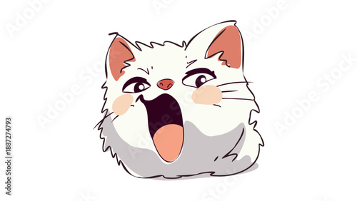 A cartoon-style illustration of a white cat with its mouth wide open in a shocked or yawning expression.