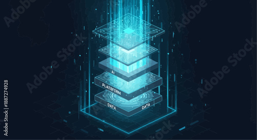 Futuristic glowing blue 3d data layers rising in digital space