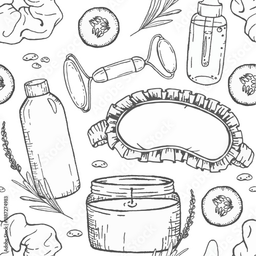 Ink illustration seamless pattern with cosmetic bottles, massage roller, eye mask, candle, cream and lavender, graphic line art for wellness branding, beauty packaging or textile design.