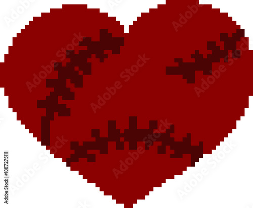 A pixel heart with stitches from wounds - concept of a broken heart and love hurt, anti-valentines