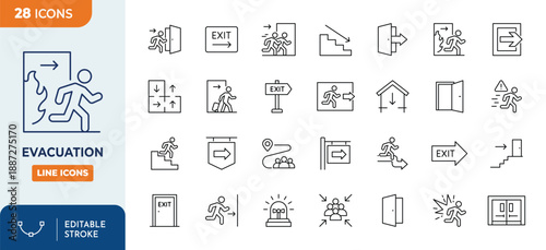 Evacuation line editable icon set, Contain icons related to evacuation, exit, direction, route, escape, and more. Editable stroke. Vector illustration