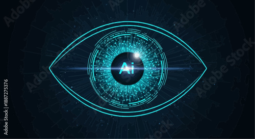 Glowing blue eye with futuristic circuitry and neon light effect on black
