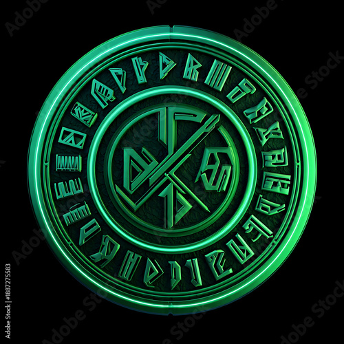 Glowing green circular symbol with ancient runes and mysterious markings on a black background