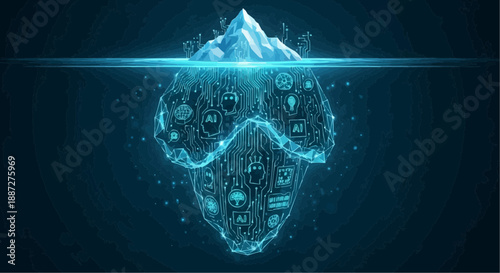 Glowing blue iceberg with circuit board details underwater