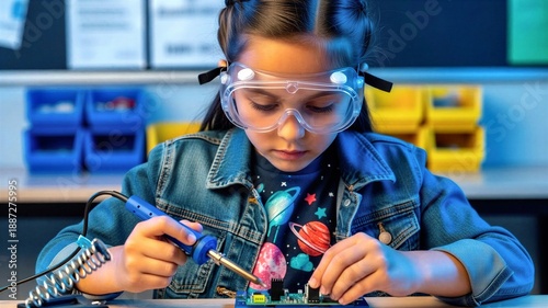 Young girl soldering circuit board in science lab