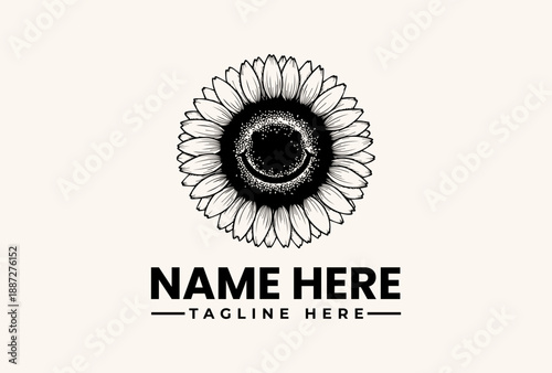 A black and white illustration of a sunflower logo with a circular center and petals on a beige background, featuring placeholder text for a name and tagline in a simple, iconic design.