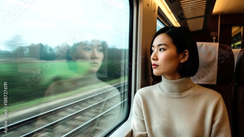 Young Asian woman looking out of train window during travel
