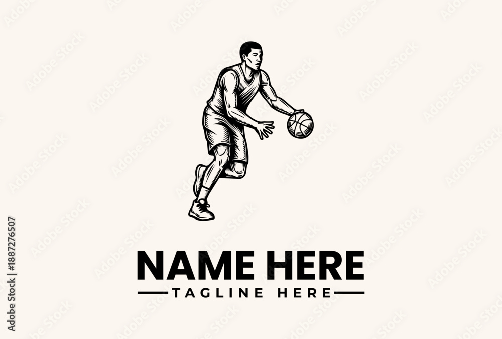 Naklejka premium A dynamic illustration of a basketball player in action, dribbling a ball with a placeholder logo and tagline on a clean white background.