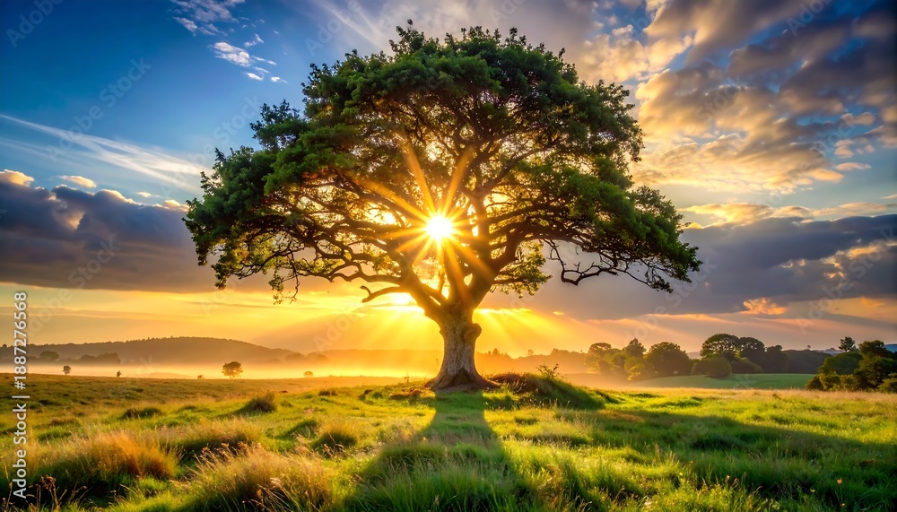Fototapeta premium Sunlit Tree Silhouette - A Golden Dawn in the Meadow.