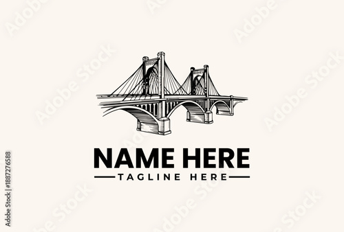 Black and white illustration of a suspension bridge with placeholder text for a logo or brand name in a simple, iconic design.
