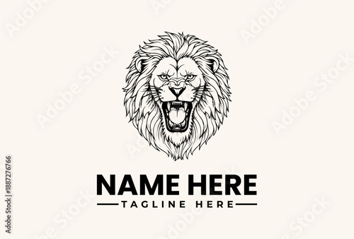 Black and white illustration of a lion's head with a fierce expression, accompanied by placeholder text for a logo or brand name on a plain background.