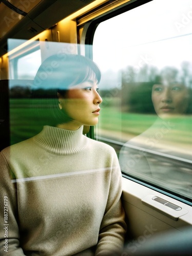 Young East Asian woman looking out train window during travel