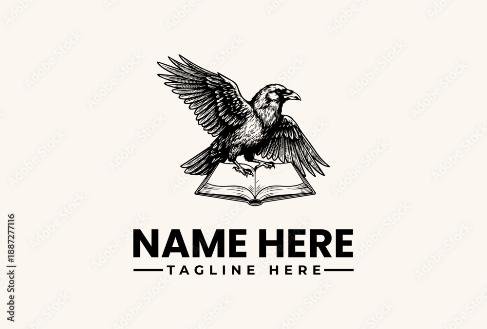 Obraz premium A black and white illustration of an eagle emerging from an open book with a tagline on a beige background, featuring a logo design with a vector graphic style and a pictogram of a bird.