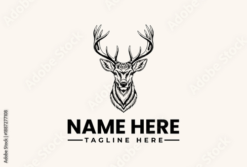 Black and white illustration of a deer head with antlers and a placeholder text for a logo or brand name on a plain beige background.