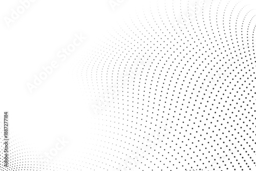 Abstract black halftone dots radial wave from corner on white background, digital particle gradient for tech concept, minimalist flow design, professional graphic element vector