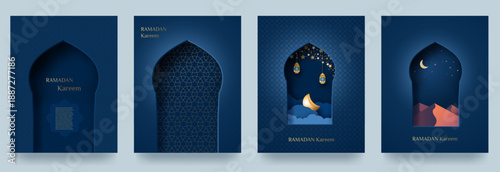 A set of Ramadan Kareem greeting cards. A pattern with cut-out Arabic windows in Islamic style, traditional gradient design. Suitable for greeting cards, banners, and advertising. Vector