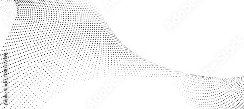 Abstract black fluid dotted wave on white background, digital halftone particle stream for futuristic design, minimalist geometric motion, technology background vector illustration