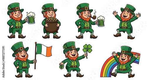 Collection of Cheerful Leprechauns in Various Poses - Vector Art