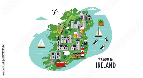 Whimsical Vector Map of Ireland with Iconic Landmarks