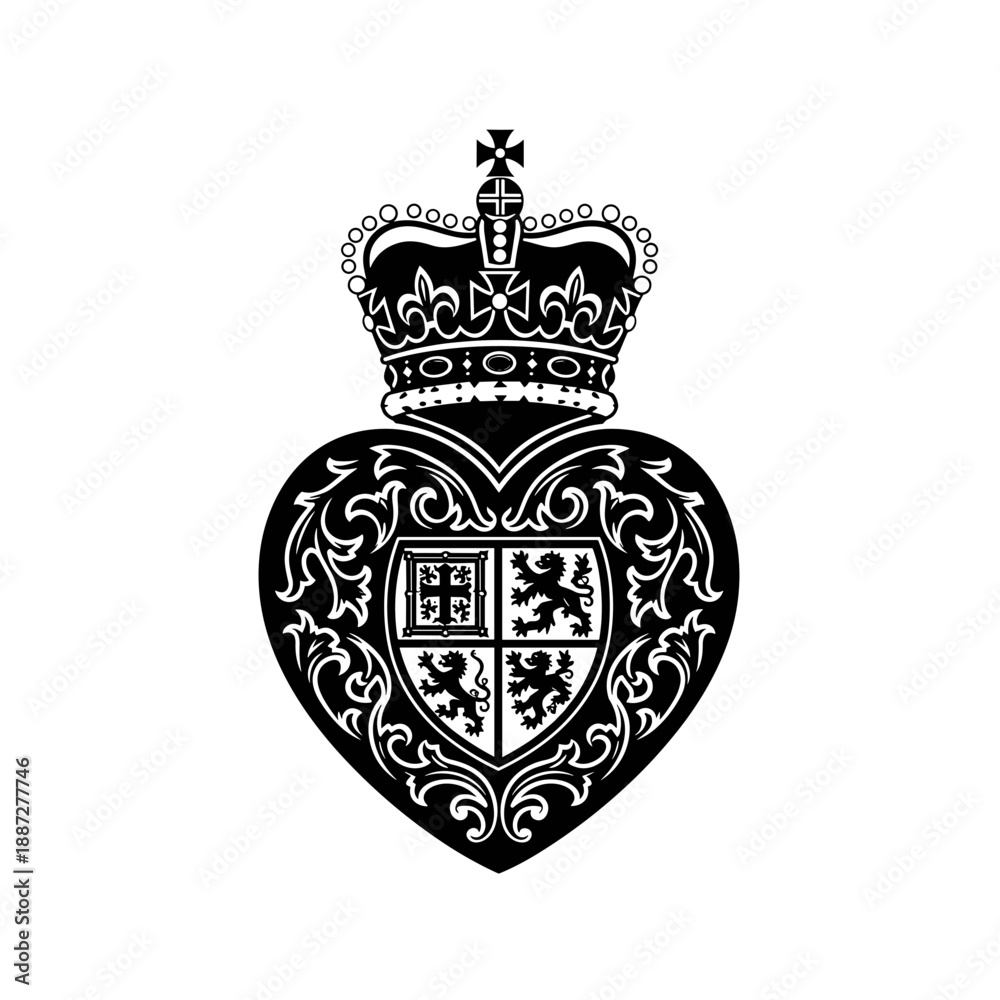 Naklejka premium Crowned Heart Shield with Heraldic Symbols.