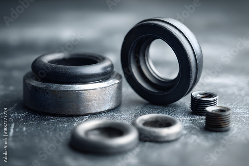 Wallpaper Mural Different types of mechanical seals and metal parts are arranged on a metal surface for inspection and quality check in a workshop Torontodigital.ca