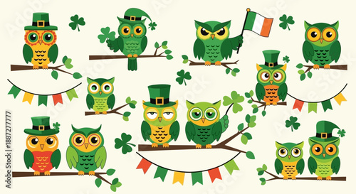 St. Patrick's Day Owl Collection Vector Illustration