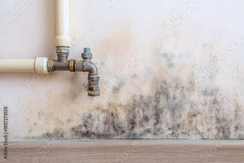 Water pipe and mold growth on wall in a damp area of a home showing signs of neglect and possible water damage over time