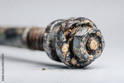 Rusty bolt rests on gray background showing signs of wear and corrosion near small object