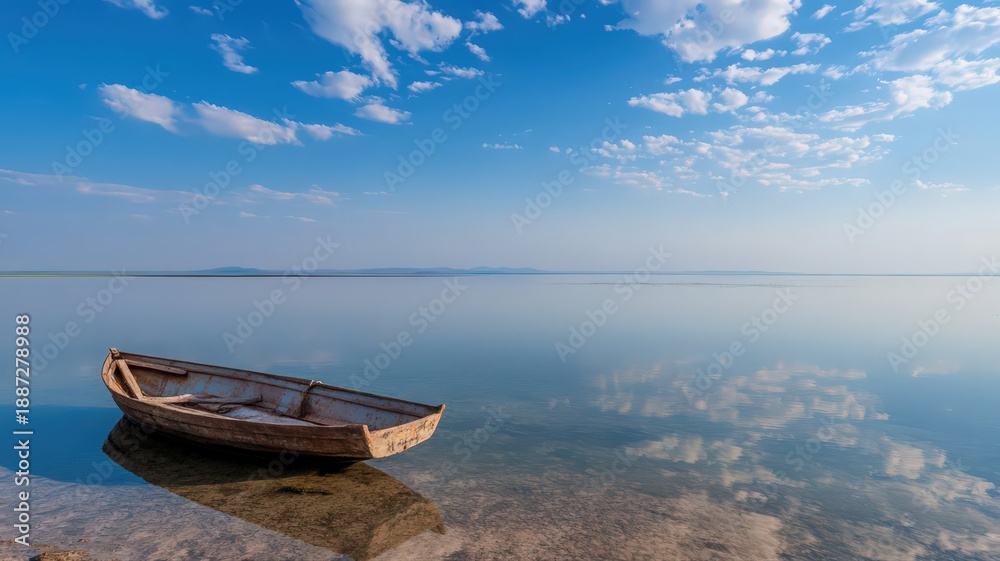 Obraz premium A Lone Boat Floating on a Glassy Lake with Reflections under a Bright Blue Sky with Clouds