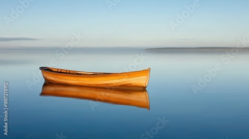 A Lone Boat Floating on a Glassy Lake with Perfect Reflection Under a Clear Blue Sky in Tranquil Setting