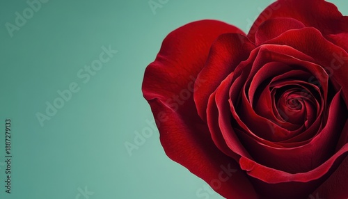 Deep crimson rose blossom occupies right portion against muted cyan background