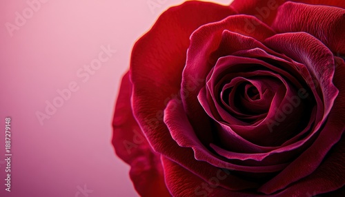 Deep crimson flower petals exhibit intricate swirling patterns against a soft gradient background