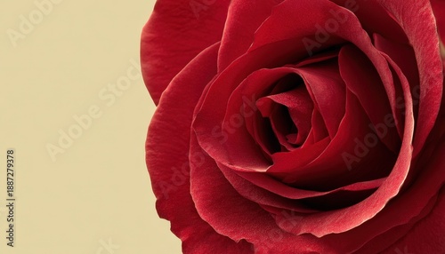 Rich crimson floral bloom occupies right side against subtle cream background