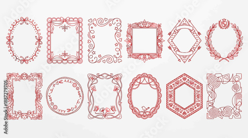 Red Ornate Frame Vector Illustration – Floral, Geometric, Heart, Bow, Star, Scroll Designs in Oval, Square, Hexagonal Shapes for Art, Decor, Invitation, and Graphic Projects
