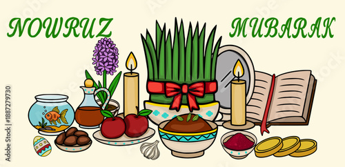 Nowruz Mubarak vector banner illustration with traditional Haft-Seen elements, candles, and a goldfish