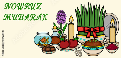 Nowruz Mubarak vector illustration banner with traditional Haft-Seen elements